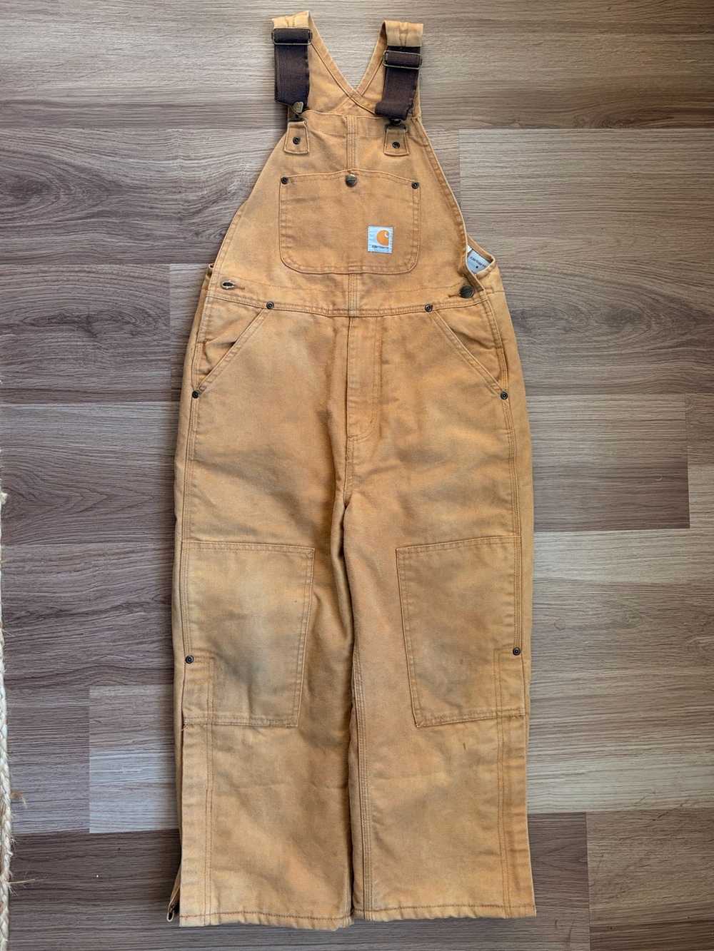 Carhartt Tan Canvas Bib Overalls with Dark Straps - kids